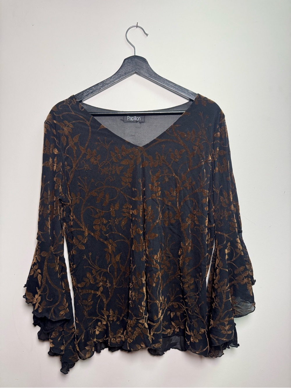 Papillon Blanc Black V-Neck Floral Velvet Burnout Blouse - Black/Brown